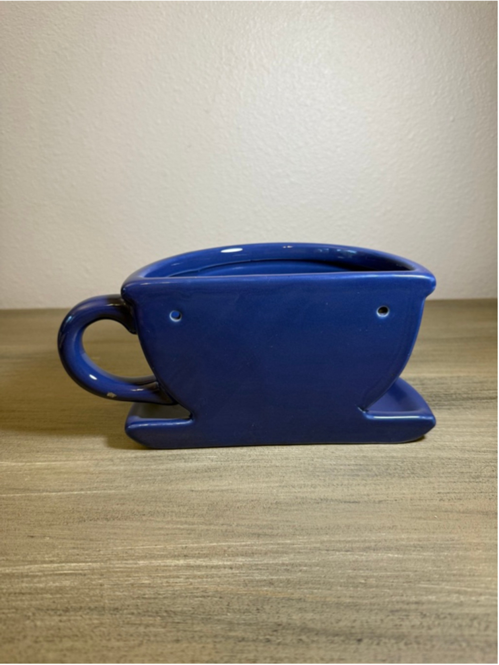 Cup & Saucer Ceramic Wall Pocket/Planter Cobalt Blue Hanging/Drain Holes - Picture 5 of 11